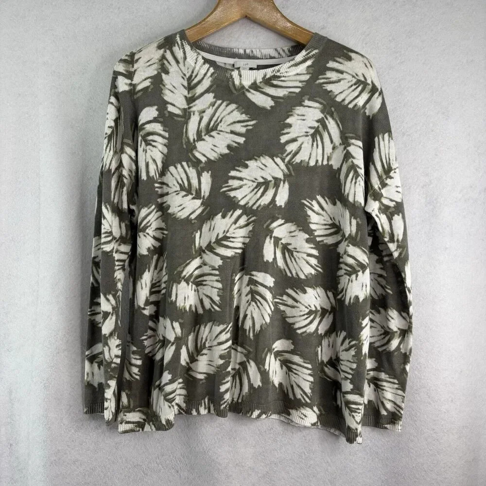 J. Jill Women’s Linen Blend Leaf Print Long Sleeve Sweater Size Large Tall